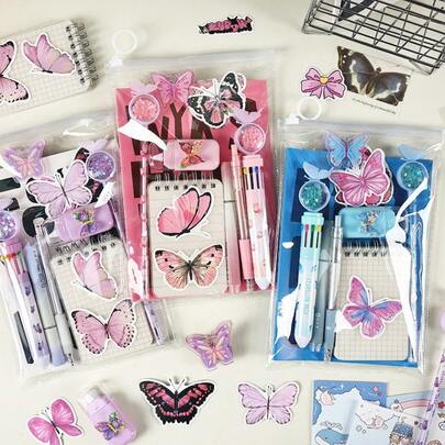 9pcs Butterfly Theme Party Stationery Gift Set - Pink, Purple And Blue Butterfly Stickers, Plush Pencils, Notebooks, Ruler And Erasers Party Favors, Classroom Rewards, Stationery (Multi-Color Options)