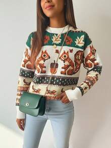 Winter Fashion Casual Ladies Round Neck Squirrel Knit Couple Pullover - Multicolor - View 1