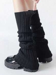 1 par negro/2 pares negro y blanco Calentadores de piernas cómodos y de moda para mujer con volantes, calentadores de piernas holgados para otoño e invierno - Negro - Ver 2