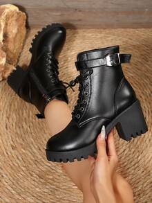 欧美极简时尚秋冬新款西部高跟短靴，金属腰带，水钻搭扣装饰，粗跟，厚底，靴子