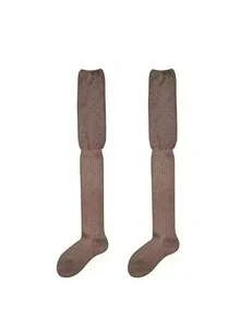 2 đôi tất dài đến đùi dành cho nữ, kiểu xếp lớp, tất trắng cao đến đầu gối, tất màu trơn, thích hợp để phối cùng bốt. - Nhiều màu - Xem 10