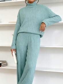 Women's Turtleneck Ribbed Knit Sweater And Wide Leg Pants Set, 2 Piece Outfit For Fall Winter, Loose Fit Casual Loungewear Tracksuit, Matching Set For Daily Wear - 藍色 - 查看 3