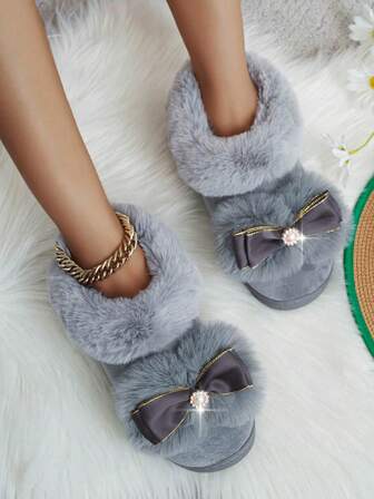 秋冬新款加厚底女士拖鞋，可爱室内防滑保暖高跟孕妇拖鞋，蝴蝶结装饰闭趾拖鞋，趣味拖鞋