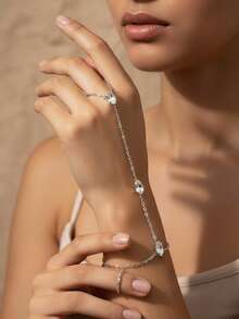 1pc Minimalist Silver Tone Zirconia Finger Hand Chain Bracelet, Elegant Versatile Delicate Chain Hand Jewelry Accessory Gift For Women - Multicolor - View 2