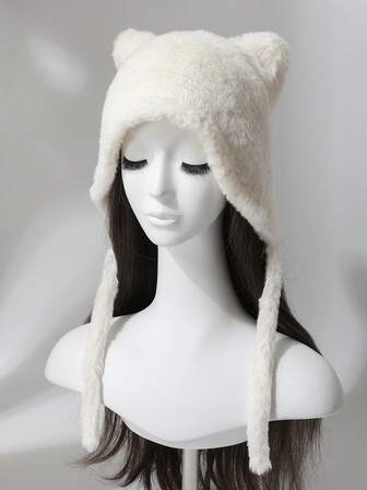 1pc Women's Faux Mink Fur One-Piece Fleece Knitted Ear Warmer Hat, Cute Bear Fuzzy Pompom Beanie, Thin Plush Hat For Autumn/Winter