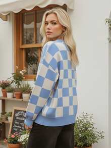 Womens Fall Winter Sweater Loose Fit Casual Checkered Ribbed Trim Crew Neck Long Sleeve Knit Tops - 藍色 - 查看 6