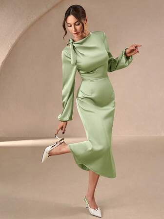 Solid Color Satin Dress, Women's Autumn Winter Lightweight Sophisticated Twist Lapel Style