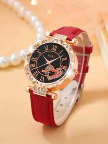 SOKI SOKI Fashionable & Elegant Butterfly Pendant Necklace, Earrings And Bracelet Set, Paired With A Heart Pattern Round Quartz Watch. Suitable For Personal Use Or Gift-Giving. No Gift Box Included. - Red - View 4