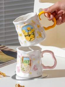 1个蝴蝶花卉图案陶瓷马克杯，咖啡杯，水杯，ins风早餐杯，送给姐妹/闺蜜的独特礼物 - 彩色 - 查看 11