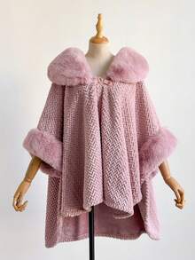 一件简约高端纯色格子仿貂毛领披肩斗篷，女士时尚百搭加厚保暖开衫外套，优雅柔软的绒毛斗篷，适合日常穿着，秋冬季可搭配连衣裙 - 彩色 - 查看 7