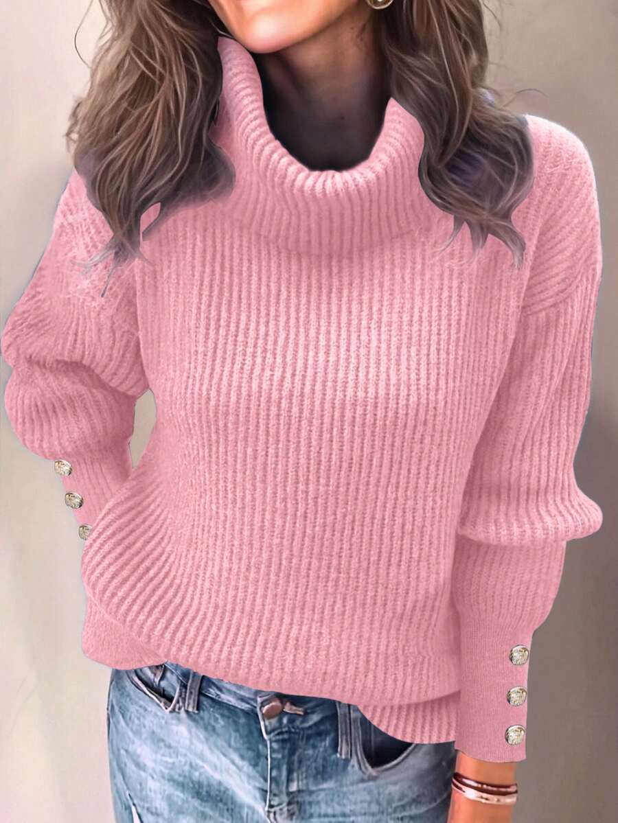 Women's Loose High Neck Sweater, Casual & Formal Ribbed Knit Long Sleeve Pullover, Button Design, Dry Rose Pattern