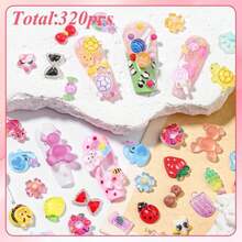 300Pcs 3D Cartoon Candy Breads Nail Art Charms,20 Grids Mixed Assorted Color Doughnut Lollipop Ice Cream Bread Dessert Cakes Cartoon Spoon Fork With Pickup Tool For DIY Crafts Accessories (Bread) - ColorF - 查看 5