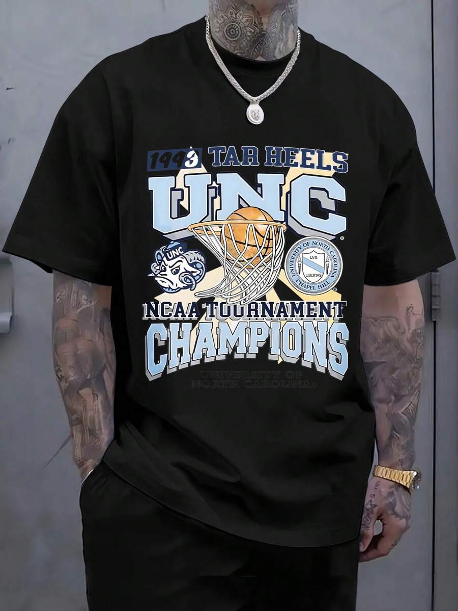 Men's Print T-Shirt - 1993 Tar Heels Unc Ncaa Tournament Champions University Of North Carolina Casual Round Neck Short Sleeve Tee For Urban Streetwear, All-Season Comfort Fit
-Black - 黑色 - 查看 1