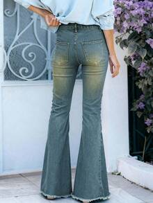 (Cotton Blend) Women's Vintage Knee-Ripped Stretch Flare Leg Jeans - Navy Blue - View 2