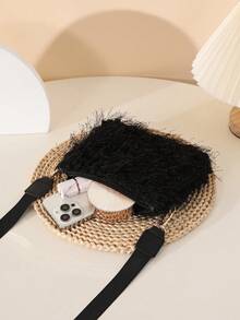 Túi xách lông thời trang dành cho nữ, Túi đeo chéo điện thoại tối giản - màu đen - Xem 6