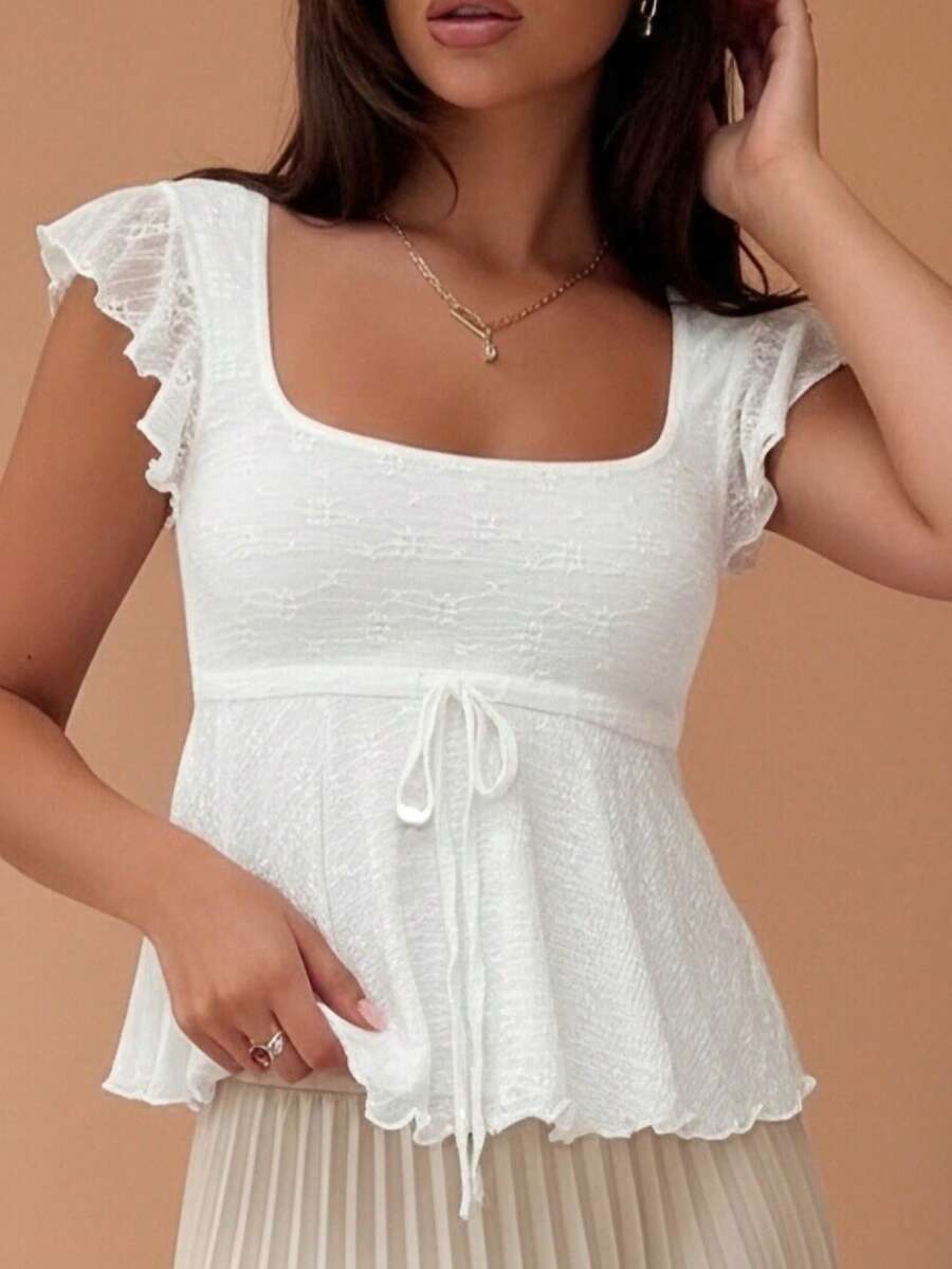 Women's Solid Color Cropped Square Neck Top With Bow Tie, Ruffle Cuffs, Flared Hem, And Slim Fit, Y2K Cute Style And French Elegant Style, Simple Versatile Design, Perfect For Everyday Outings, Street Style Photos, City Walks, Cafe Dates, Concerts, And Valentine's Day Outfits - 白色 - 查看 1