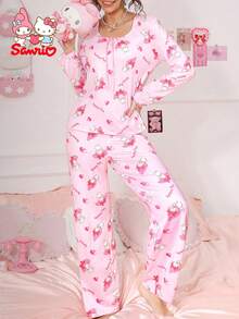 SANRIO 两件套三丽鸥旋律女士睡衣套装，粉色，草莓字母爱心印花，蝴蝶结装饰，可爱家居服套装 - 淺粉色 - 查看 3