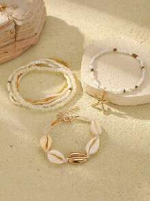 Women's Bohemian Style Starfish, Beach Shell And Rice Braid Bracelet, 7 Piece Set - Blanco - Ver 8