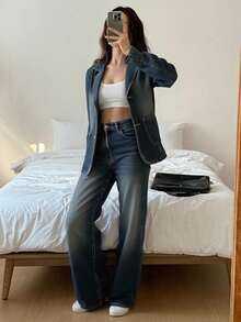 DAZY Women's Autumn Lapel Jacket And Loose Fit Jeans Set - Blue - View 2