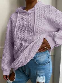 Plus Size Women Loose Casual Solid Color Jacquard Knit Long Sleeve Sweatshirt Spring - Lavender-1 - View 3