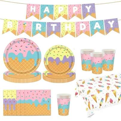 80/81/82件套冰淇淋主题一次性餐具套装，包含20个餐盘、20个甜点盘、20个杯子、20张餐巾纸、1张桌布和1条横幅。这套便捷的餐具套装适合20人使用，是露营、野餐、花园烧烤、婚礼和生日派对的理想之选。