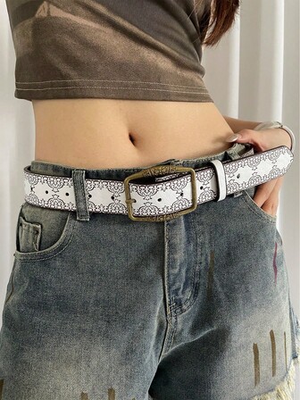 1条白色PU材质仿古铜色带扣印花腰带