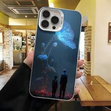 Cubierta de teléfono con diseño de flores luminosas y siluetas en azul oscuro para iPhone 14 Pro Max protector de pantalla con estética mágica ideal para uso diario en cafeterías y salidas urbanas - Negro - Ver 3