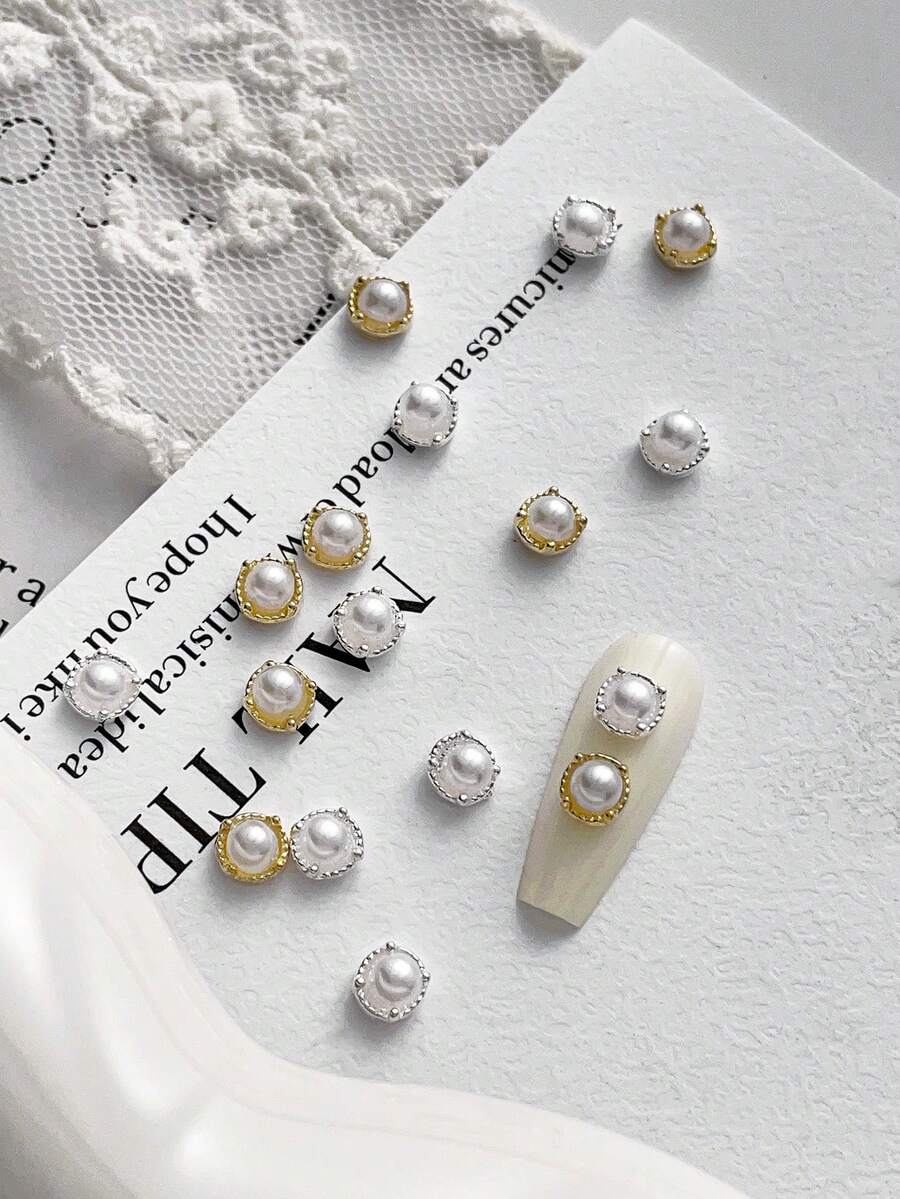 10 chiếc charm móng tay hình hoa ngọc trai giả 3D màu vàng và bạc, phụ kiện làm móng cao cấp cho ngày Valentine, phù hợp cho nhiều mục đích trang trí móng tay DIY. - Nhiều màu - Xem 1