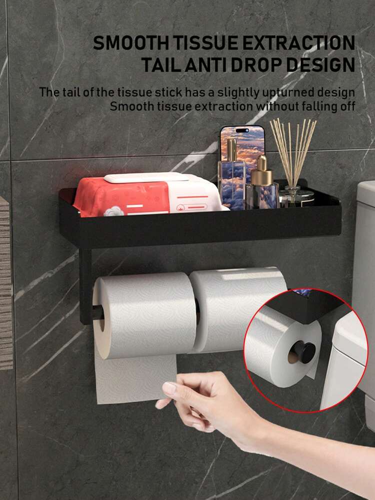1个大容量浴室卫生纸架，大卷尺寸，浴室纸巾架卫生纸卷架 - 壁挂式卫生纸收纳架带置物架，纸巾盒分配器，经久耐用，安装快捷，节省空间，适用于浴室配件装饰、家居用品、公寓卫生间 - 黑色 - 查看 8
