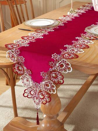 1 件 100% 涤纶双色水溶性蕾丝花边桌旗，高端奢华，适用于厨房、餐桌、橱柜、鞋柜防尘罩，耐热、防污桌垫、餐垫、室内装饰、节日装饰，适用于室内、室外、野餐、别墅、家庭聚会、派对、装饰、婚礼、户外家具系列，尺寸可选