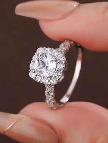 1 pieza Anillo de boda de plata de ley 925 chapado en platino con diamantes cuadrados de lujo engastados, diseño de pavé, versátil para uso diario y ceremonia de boda - Blanco - Ver 3