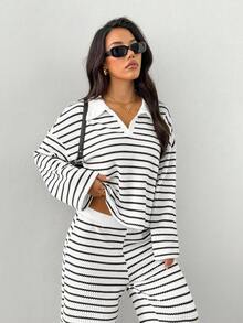 Women's 2pcs Set Loose Striped V-Neck Drop Shoulder Long Sleeve T-Shirt Top&Elastic Waist Striped Pants, Winter Sweater Suit ,Autumn/Winter Women Striped Lounge Set Two Pieces Pants Set, Women Two Pieces Set Casual Two Pieces Set Striped Two Pieces Set Comfortable Two Pieces Set Winter Clothes For Women Winter Outfit For Women Casual Women Outfits White Outfit For New Year's Eve