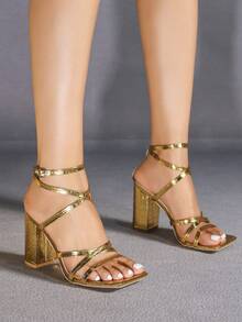 Giày cao gót mũi vuông màu vàng thời trang dự tiệc tối giản, thoải mái, đa năng cho nữ - Vàng - Xem 3