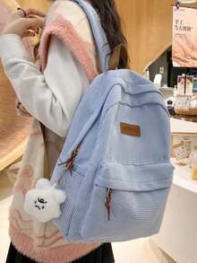 Minimalist Large Capacity Backpack For Women, Solid Color, Functional Corduroy Backpack With Letter Patch, Large Capacity, Lightweight And Portable, Perfect For Teens, Women, Students - Rose Gold - View 8