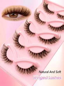 Rikuaild 5 Pairs Fluffy Brown False Eyelashes, Transparent Eyelash Stems, Invisible Eyelash Bands, Natural Criss-Cross Curly Cat Eye Lashes, Fox Eye Effect Faux Mink Lashes, Suitable For Daily Makeup, Christmas Gift - 眼尾拉長款 - 查看 3