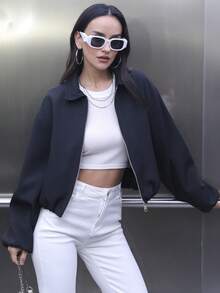 Women's Short Jacket, Long Sleeve Cropped Bomber Jacket, Black, Spring/Autumn - Black - View 5