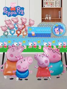 Hasbro 69件套小猪佩奇派对用品套装，包含铝箔气球、家庭卡通人物手镯气球、餐盘、桌布、餐巾纸，生日庆祝装饰派对礼品，全套餐桌用品