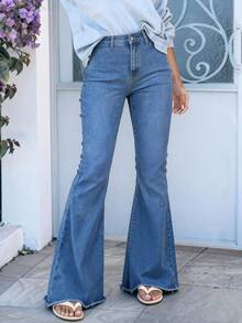 （棉混纺）女式复古膝盖破洞弹力喇叭牛仔裤 - 中等水洗藍 - 查看 3