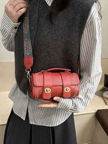1pc Mini Retro Cylinder Handbag For Women, Daily Use (With Furry Accessory) - Red - View 6