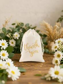 6个金色感谢抽绳礼品袋，金色感谢图案，可重复使用，带抽绳，适用于感恩节、生日、婚礼派对礼品包装、新娘送礼会、婴儿送礼会礼品包装、糖果礼品袋、感谢礼品袋、小礼品袋、生日派对礼品袋等。 - 白色 - 查看 6