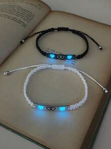 ATLVXJL 2pcs/Set Glow-In-The-Dark Couple/Friendship Stainless Steel Double Heart Pendant Adjustable Rope Bracelet Set, Suitable For Daily Wear And Valentine's Day Gift