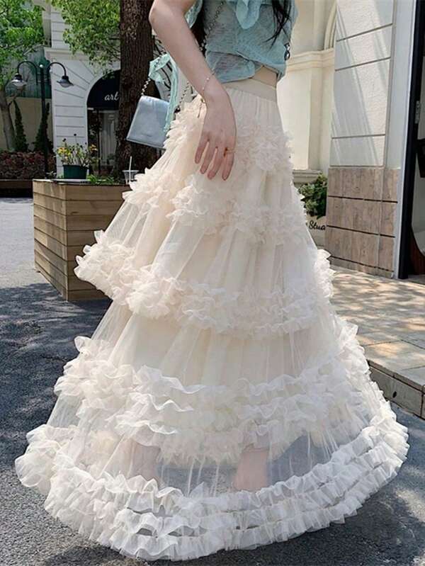 2025 Spring New Korean Style Plus Size Fashion High Waist Slimming Lace Cake Skirt, Multilayer Ruffle Skirt