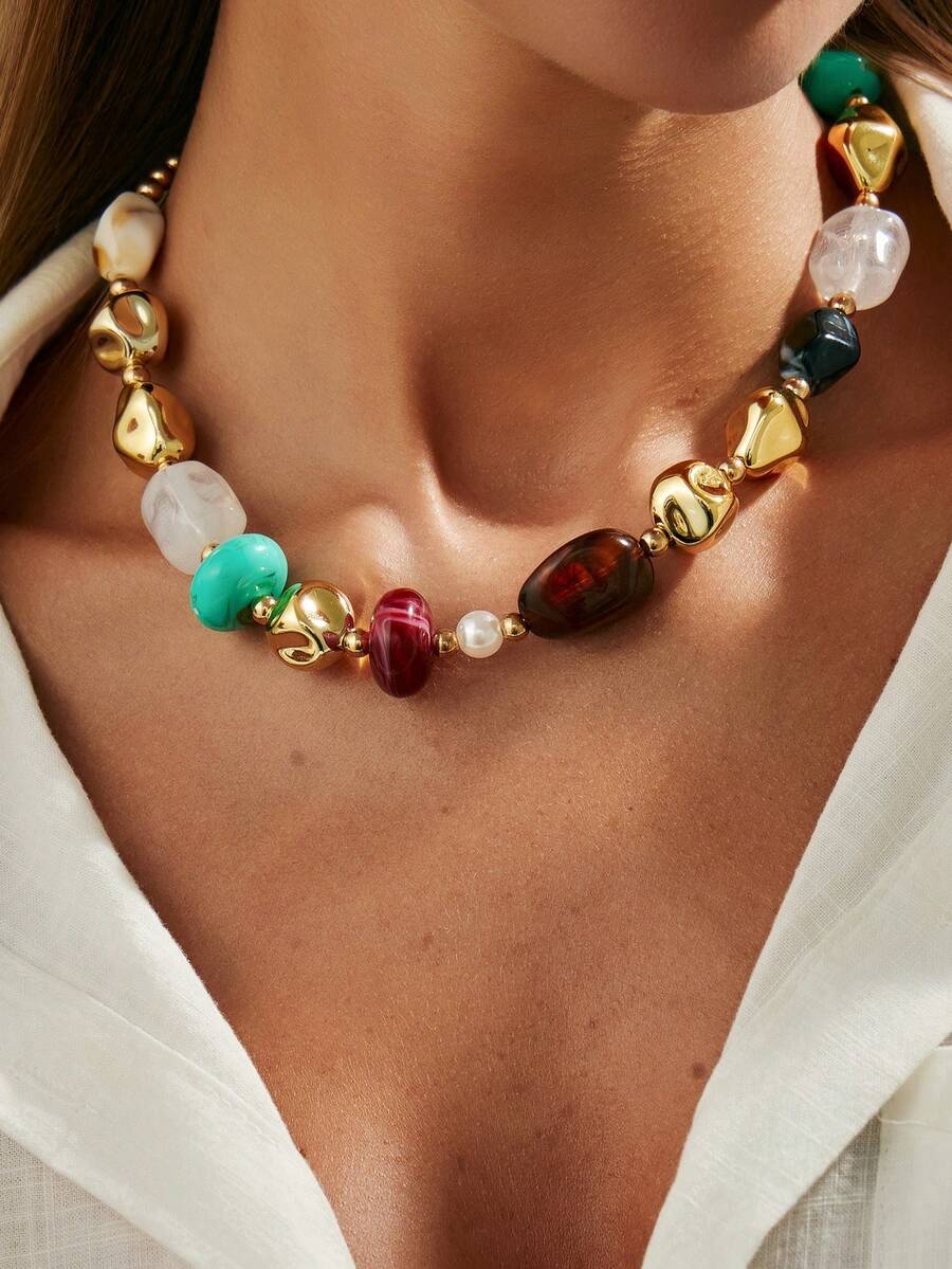 Kryxie 1pc Vintage Bohemian Style Asymmetrical Resin Beaded Necklace, Personalized Fashion Adjustable Charm Necklace, Suitable For Women's Daily Wear, Vacation Decoration, Daily Outfit Matching (The Texture Color Of The Beads Is Not Fixed, Subject To The Actual Item) - Multicolor - View 1