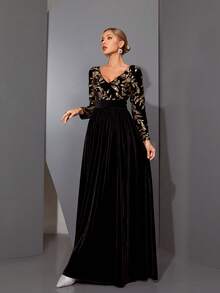 Mgiacy, A Luxurious, Shimmering Mid-Rise, Gathered-Waist, Long-Sleeved, Velvet, Flared Maxi Dress - Black - View 3