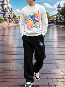 Disney طقم تيشيرت بأكمام طويلة وبنطال فضفاض واسع، مميز بتصميم ألوان سادة وطباعة رسومات خياطة، طراز كاجوال مناسب للارتداء اليومي والجري وغيرها من المناسبات، متعدد الاستخدامات للربيع والخريف - أبيض وأسود - مشاهدة 2