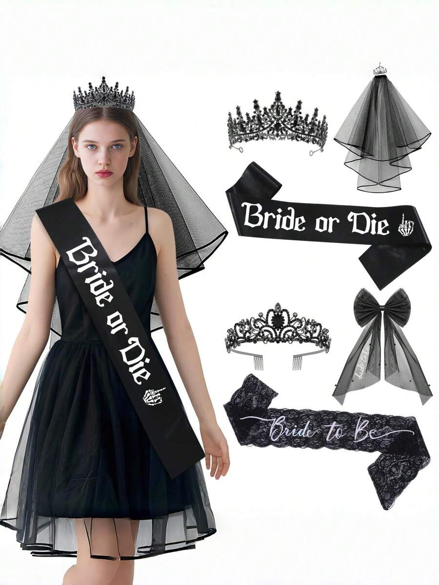Halloween Ghost Bride Set: Black Wedding Crown Veil Shoulder Strap, Gothic Bachelorette Party Decoration Set - Black Crown Veil, "Bride Or Die" Belt, "Bride To Be" Lace Garter With Bow - Spooky Bridal Shower Gift Suitable For Dark-Themed Hens Party Supplies - Multicolor - View 1