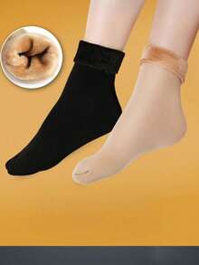 1/2/4/10 双装男女通用加厚保暖袜，中筒羊毛内衬冬季袜，纯色保暖袜 - 彩色 - 查看 3