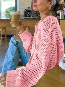 Cárdigan de mujer de punto hueco con botones, diseño de cuello redondo, manga larga y hombros caídos, ligero y transpirable, suelto y casual, adecuado para primavera, verano y otoño - Rosa - Ver 6