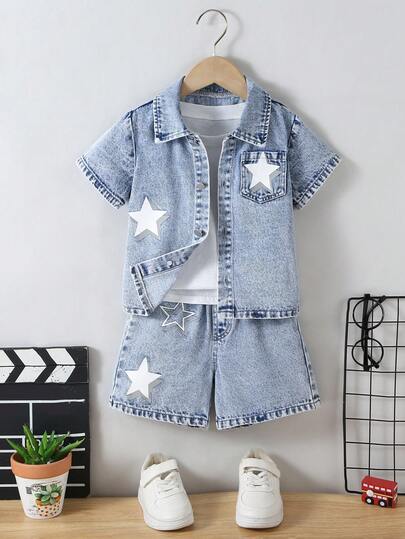 2件套幼儿男童户外休闲假日Y2K复古星形印花翻领短袖纽扣牛仔衬衫外套搭配做旧牛仔短裤套装，春夏款