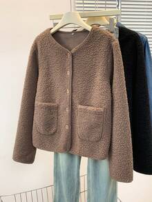 YUXIN Women's Autumn/Winter Faux Sherpa Fleece Jacket, Minimalist Round Neck Single-Breasted Design, Decorated With Dual Pockets, Multiple Colors Available, Suitable For Casual Daily And Commute Wear, Faux Fur Outerwear - Camel - View 3